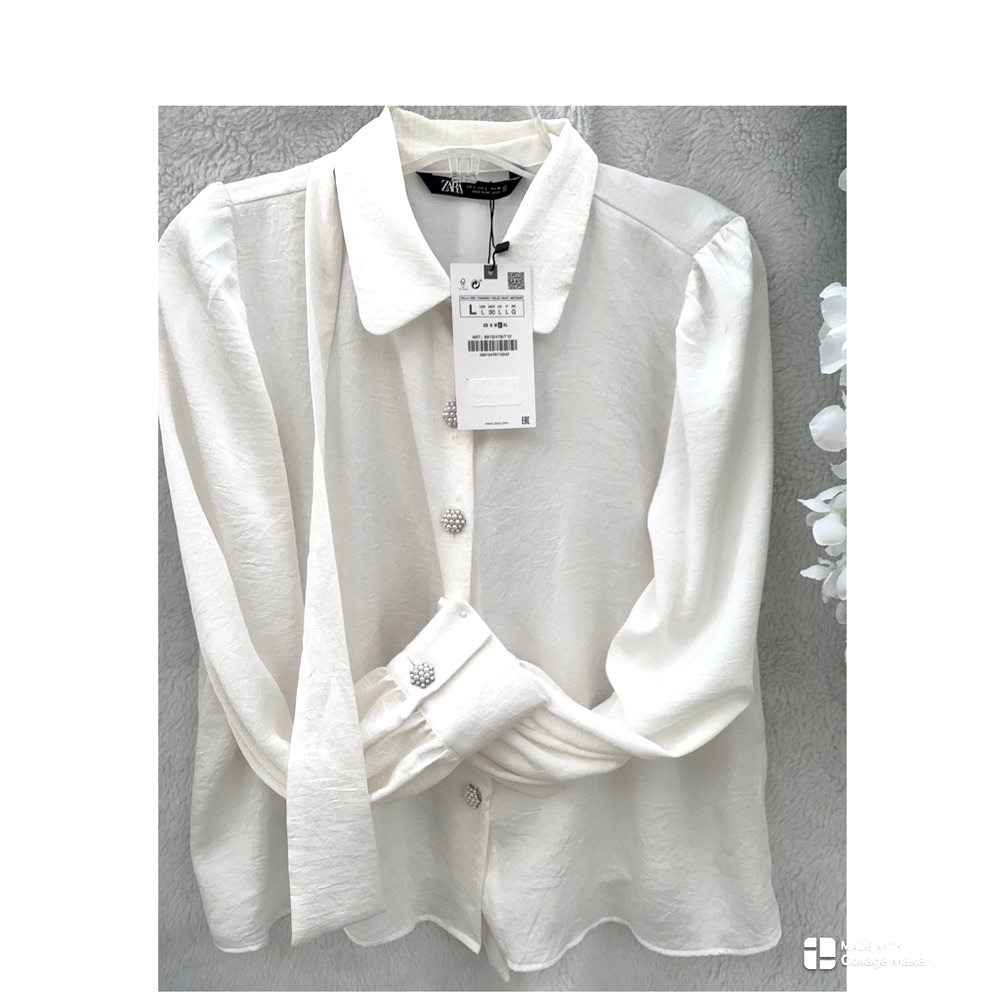 NWT ⭐️ ZARA pearly buttons & color, detachable  Tie Front Blouse